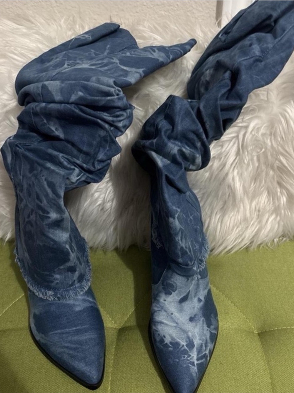 Blue Tie-Dye Slouchy Pointed-Toe Knee-High Heeled Boots